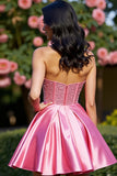 Sparkly Pink A Line Satin Mini Corset Prom Dress with Rhinestone