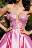 Sparkly Pink A Line Satin Mini Corset Prom Dress with Rhinestone