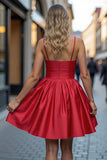 Red A Line Satin Mini Prom Dress with 3D Flowers