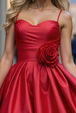 Red A Line Satin Mini Prom Dress with 3D Flowers