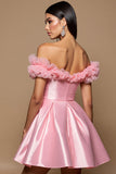 Pink A Line Satin Mini Prom Dress with Ruffles