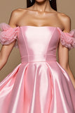 Pink A Line Satin Mini Prom Dress with Ruffles