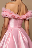 Pink A Line Satin Mini Prom Dress with Ruffles