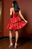 Red A Line Mini Tiered Satin Prom Dress