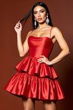 Red A Line Mini Tiered Satin Prom Dress