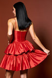 Red A Line Mini Tiered Satin Prom Dress