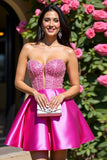 Sparkly Fuchsia A Line Corset Mini Satin Prom Dress with Rhinestone