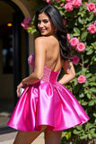 Sparkly Fuchsia A Line Corset Mini Satin Prom Dress with Rhinestone
