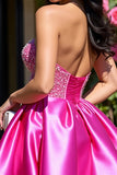 Sparkly Fuchsia A Line Corset Mini Satin Prom Dress with Rhinestone