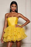 Yellow A Line Tulle Strapless Tiered Mini Prom Dress