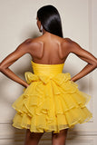 Yellow A Line Tulle Strapless Tiered Mini Prom Dress