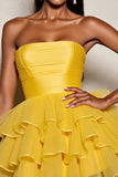 Yellow A Line Tulle Strapless Tiered Mini Prom Dress