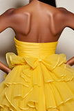 Yellow A Line Tulle Strapless Tiered Mini Prom Dress