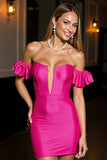 Fuchsia Ruffled Tight Mini Satin Prom Dress