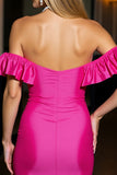 Fuchsia Ruffled Tight Mini Satin Prom Dress