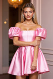 Pink A Line Off the Shoulder Mini Satin Prom Dress with Ruffles