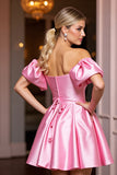 Pink A Line Off the Shoulder Mini Satin Prom Dress with Ruffles