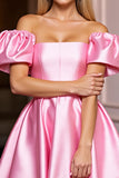 Pink A Line Off the Shoulder Mini Satin Prom Dress with Ruffles