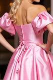 Pink A Line Off the Shoulder Mini Satin Prom Dress with Ruffles