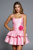 Pink A Line Tiered Satin Mini Prom Dress with 3D Flowers