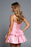Pink A Line Tiered Satin Mini Prom Dress with 3D Flowers