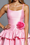 Pink A Line Tiered Satin Mini Prom Dress with 3D Flowers