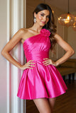 Fuchsia Satin A Line Mini Prom Dress with 3D Flowers