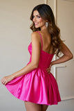 Fuchsia Satin A Line Mini Prom Dress with 3D Flowers