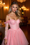 Pink A Line Mini Tulle Corset Prom Dress with Lace