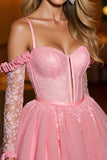 Pink A Line Mini Tulle Corset Prom Dress with Lace