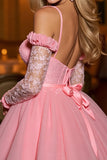 Pink A Line Mini Tulle Corset Prom Dress with Lace