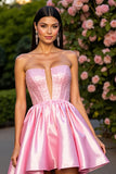 Pink Satin A Line Mini Corset Prom Dress