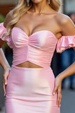 Pink Tight Bodycon Keyhole Satin Mini Prom Dress