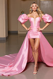 Pink Tight Satin High-Low Prom Dress with Cape