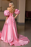 Pink Tight Satin High-Low Prom Dress with Cape