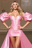 Pink Tight Satin High-Low Prom Dress with Cape