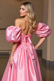 Pink Tight Satin High-Low Prom Dress with Cape