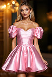 Pink Satin Corset A Line Puff Sleeves Mini Prom Dress