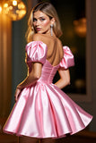 Pink Satin Corset A Line Puff Sleeves Mini Prom Dress
