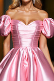 Pink Satin Corset A Line Puff Sleeves Mini Prom Dress