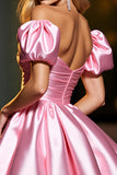Pink Satin Corset A Line Puff Sleeves Mini Prom Dress