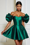 Dark Green A Line Mini Satin Prom Dress with Ruffles
