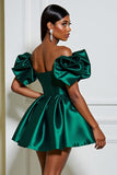 Dark Green A Line Mini Satin Prom Dress with Ruffles
