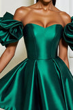 Dark Green A Line Mini Satin Prom Dress with Ruffles