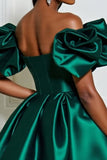 Dark Green A Line Mini Satin Prom Dress with Ruffles
