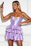 Lilac Satin A Line Tiered Mini Prom Dress with Rhinestone