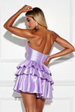 Lilac Satin A Line Tiered Mini Prom Dress with Rhinestone