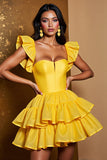 Yellow Tulle Tiered A Line Mini Prom Dress