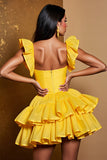 Yellow Tulle Tiered A Line Mini Prom Dress