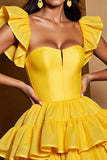 Yellow Tulle Tiered A Line Mini Prom Dress